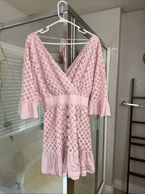 Blush Pink V-Neck Eyelet Tiered Mini Dress
